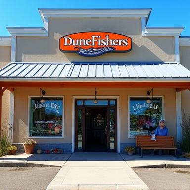 The front entrance of DuneFishers shop with fishing rods displayed