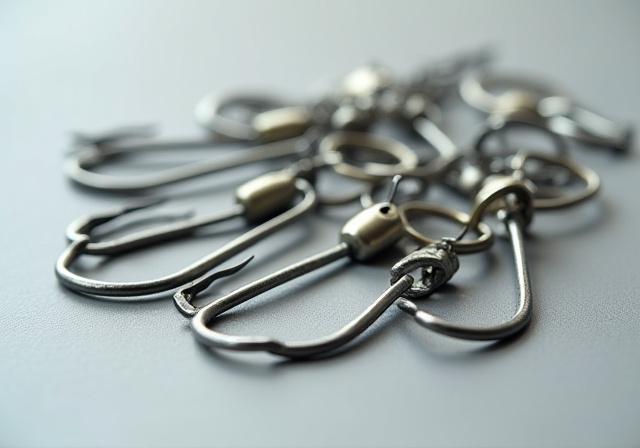 Assortment of sharp fishing hooks and swivels